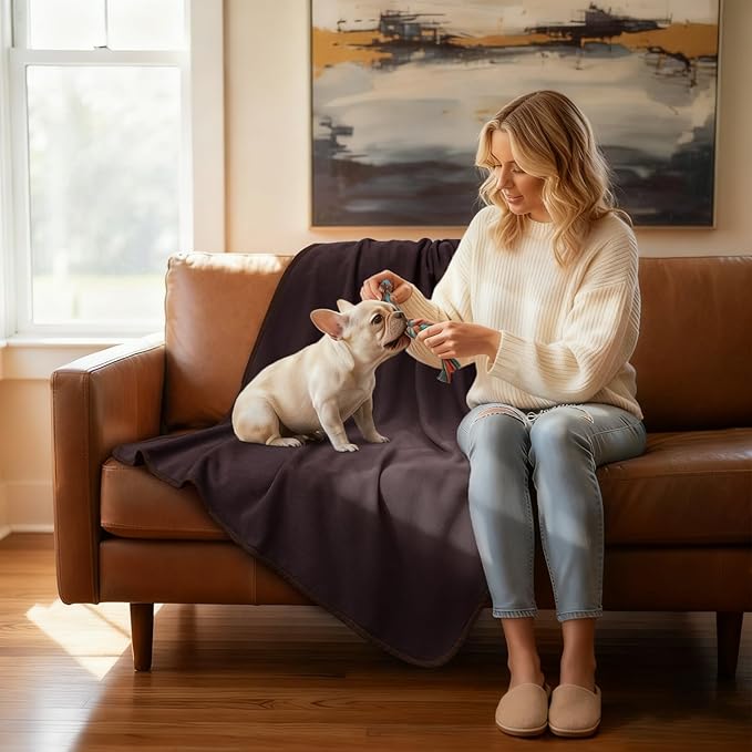 Luciphia 100% Waterproof Blanket for Adults or Large Dogs, Soft Polar Fleece Pet Throw Blankets for Bed Couch Protector Washable, Reversible Leakproof Furniture Protection,Brown Cream,85x57 inch