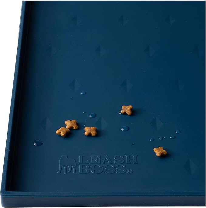 Leash Boss Dog Food Mat - Waterproof Cat & Dog Bowl Mat for Food and Water, Silicone Pet Feeding Mats for Floors, Non-Slip Placemat with High Edges, Puppy Essentials (Small: 18"x11", Navy)