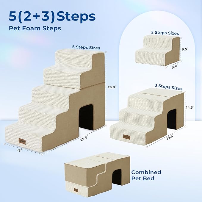 Dog Steps for High Beds - 5 Step 23.8" H Pet Stairs with Tunnel 2 in 1 with Zippers Suitable for Small Dogs and Cats, Indoor Cat Ladders with Non-Slip Bottom, Beige