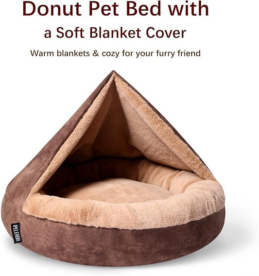 Cozy Soft Dog Bed with Hooded Blanket Warm Calming Cat Cave for Small Medium Dogs and Cats, Non-Slip Bottom & Machine Washable Pet Beds, Chocolate Brown 26x26x7″