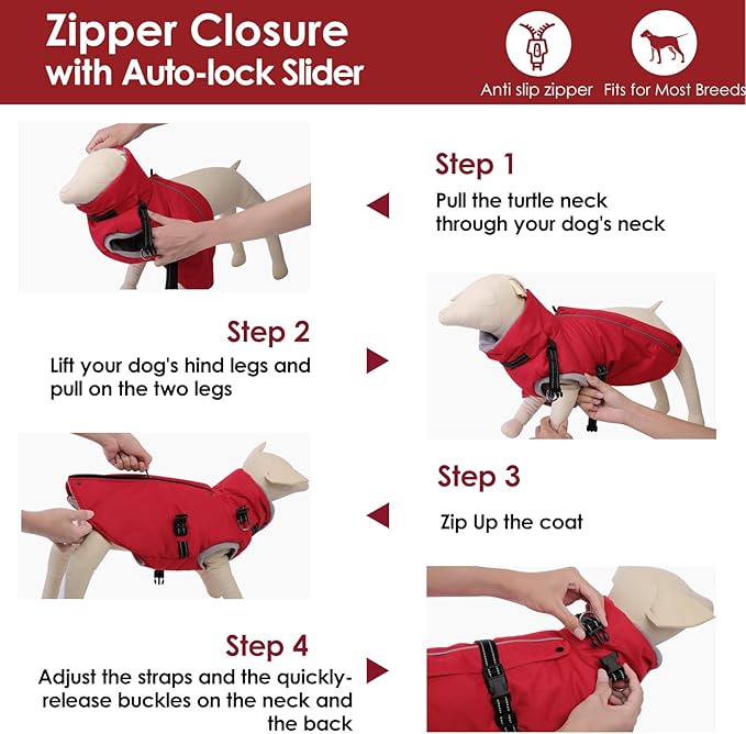 AOFITEE Dog Jacket, Large Dog Coat with Harness Built in, Warm Fleece Lined Pet Winter Jacket with Zipper & Furry Collar, Waterproof Pet Snow Coat Snowsuit for French Bulldog, Christmas Red L