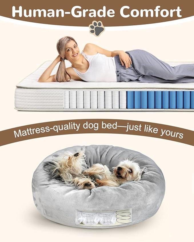 Donut Dog Bed with Pocketed Coils and Soft Foam Support, Detachable Washable Calming Puppy Bed for Small Dogs, Round Flannel Anti-Anxiety Pet Bed, 20 in, Gray