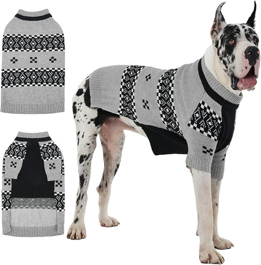 IECOii Great Dane Sweater, 4XL Dog Sweater for Giant Breeds Male, Warm Dog Sweaters with Fair Isle Pattern for Fall Winter Walking, Mid-Neck Pullover Thick & Stretchy for Big Dogs Boy, Grey, 4XL