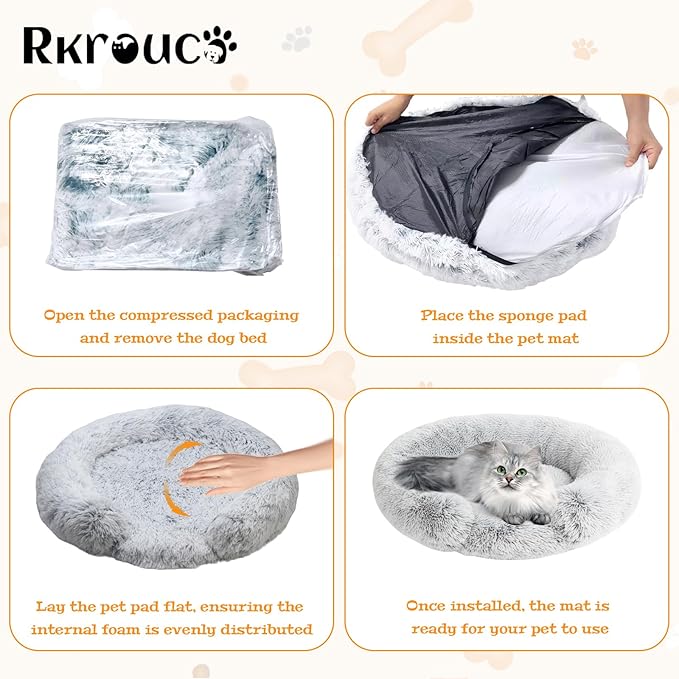 Fluffy Dog Bed Calming Donut Beds for Large Dogs Warming Round Small Medium Pet Nest Cozy Cat Mattress Indoor Washable Puppy Kennel Kittens Sleep Mat (M, 27.5×27.5 inch, Light Gray)