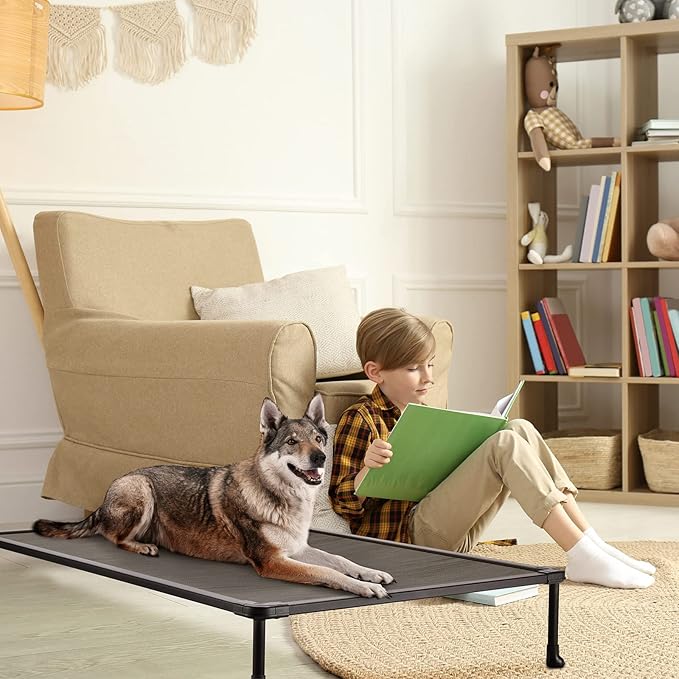 Veehoo Chewproof Elevated Dog Bed - Cooling Raised Pet Cot, Breathable Mesh, Washable & Non-Slip for Large Dogs, Indoor/Outdoor, Brown Mat and Black Frame, 49x33inches (Model CWC2203A03)