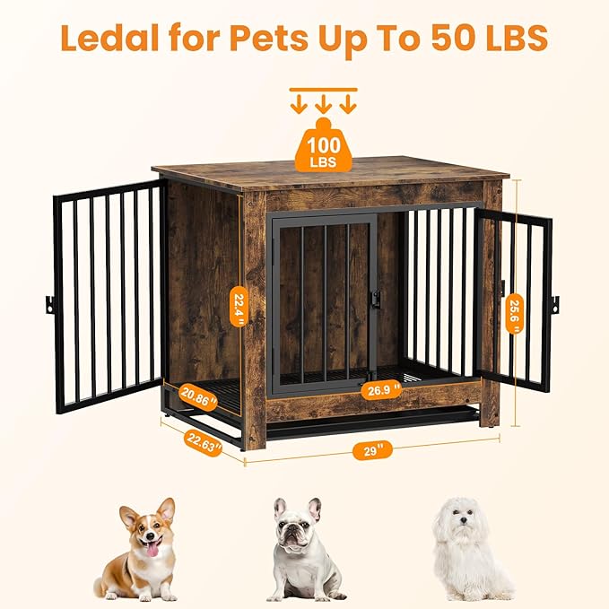 Dog Crate Furniture, 29 Inch Indoor Dog Kennel for Small Dogs Up to 30 LBS, Heavy Duty Wooden Pet Cage End Table with 3 Doors, Alloy Steel Frame & Removable Tray