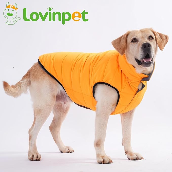 LovinPet Reversible Dog Puffer Coat for Medium & Large Dogs, Down‑Insulated Winter Jacket, Water‑Resistant & Wind‑Resistant, Anti‑Static, Dual-Sided Orange & Grey for Cold Weather,XL