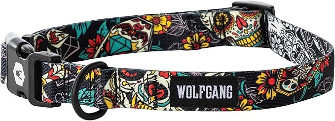 Wolfgang Heavy Duty, Adjustable Dog Collar with Quick Release Nylon Buckle for Walking & Training, LosMuertos Print, Medium