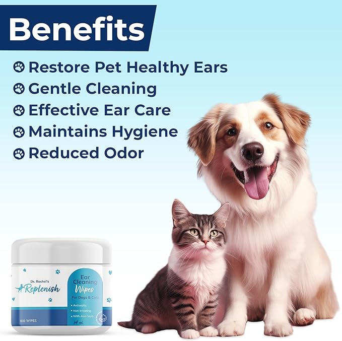 Replenish Cat and Dog Ear Cleaning Wipes - Gentle Medicated Ear Wipes for Dogs - Cucumber Melon Scent - Dog Ear Cleaner & Cat Ear Wipes for Cleaning, Soothing, and Deodorizing Itchy Ears - 100 Count