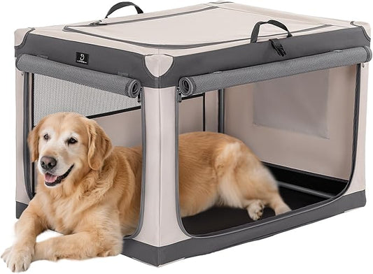 A 4 Pet Soft Dog Crate 40 Inch Large Portable Collapsible Pet Travel Kennel, 3-Door Lockable Zippers & Reinforced Steel Frame, Easy Setup, Mesh Panels — Ideal for SUV, Car, Camping & Home Use