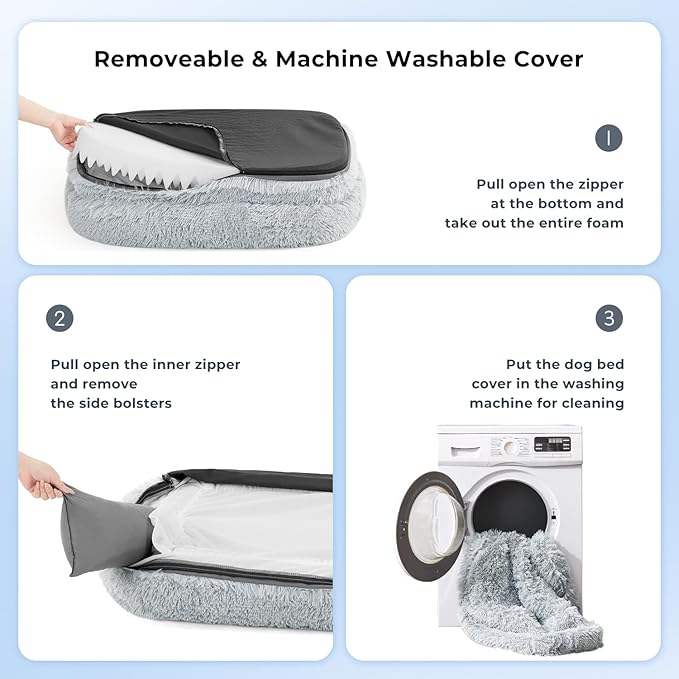 Extra Large Dog Bed - XL Dog Bed with Washable Removable Cover, Fluffy Waterproof Pet Sofa with Supportive Egg Foam and Nonskid Bottom, Grey