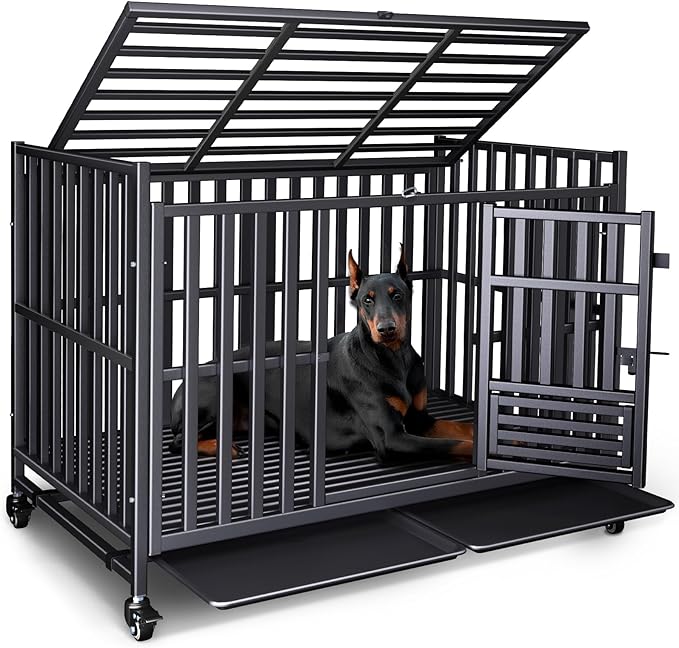 Heavy Duty Dog Crate, Escape-Proof Indestructible Cage for High-Anxiety Dogs, 3-Door Kennel with 4 Lockable Wheels and 2 Removable Trays Ideal for Large & Medium Breeds (49in)