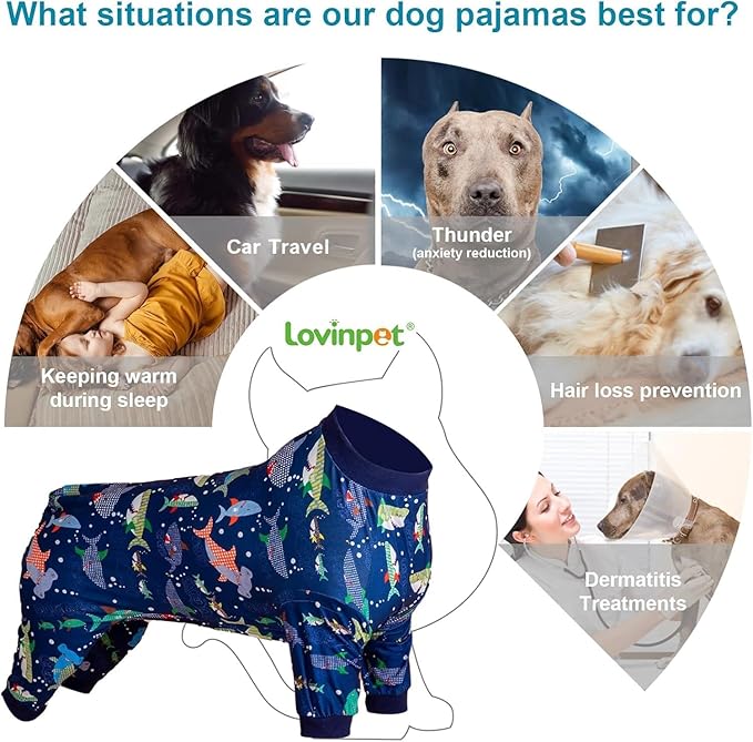 LovinPet Dog Sweatshirt, PjS for Surgery Recovery, Ocean Blue Shark Print, Large Dog Pjs, Lightweight Uv Protection Shirt,Easy to Wear Dog Jumpsuit, Medium