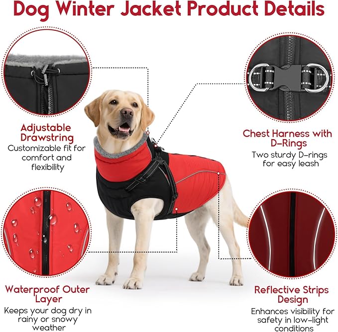 ASENKU Reflective Dog Coat with Built-in Harness, Windproof Fleece-Lined Dog Jacket for Small, Medium, Large Dogs, Warm Winter Vest with Turtleneck & Zipper (Red XL)
