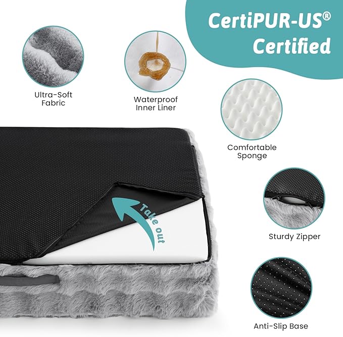 Faux Fur Orthopedic Dog Bed, Large Dog Bed, Supportive Foam Bolster Pet Sofa with Waterproof Lining Cover, Washable U-Shaped Pet Couch with Anti-Slip Bottom Design, Grey XL 42x30x7 inch