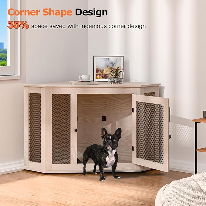 Corner Dog Crate Furniture, 44" Wooden Dog Kennel Furniture End Table with Mesh, Dog Kennel Indoor Furniture for Small Medium Dogs, Modern Decorative Wood Pet House Dog Cage Crate, White