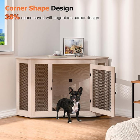 Corner Dog Crate Furniture, 44" Wooden Dog Kennel Furniture End Table with Mesh, Dog Kennel Indoor Furniture for Small Medium Dogs, Modern Decorative Wood Pet House Dog Cage Crate, White