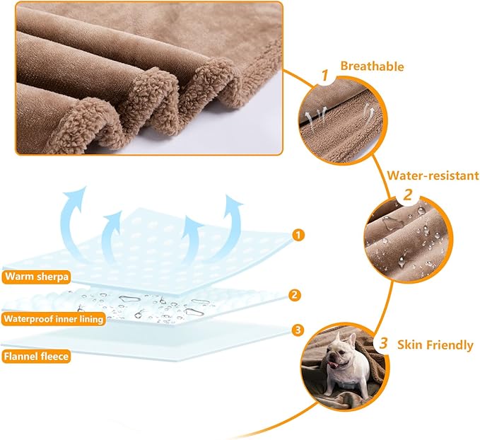 Waterproof Cats Blanket for Pet Dog Throw Blankets for Couch Bed Cover Puppy Fluffy Brown Blankets Leakproof Sofa Couch Coverd Reversible Blanket Mats for Warm Washable-Camel,L