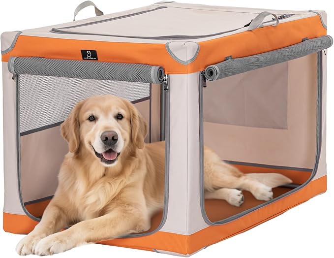 A 4 Pet Soft Dog Crate 40 Inch Large Portable Collapsible Pet Travel Kennel, 3-Door Lockable Zippers & Reinforced Steel Frame, Easy Setup, Mesh Panels — Ideal for SUV, Car, Camping & Home Use