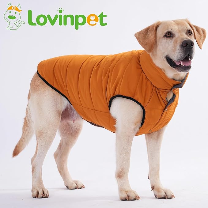 LovinPet Reversible Dog Puffer Coat for Medium & Large Dogs, Down‑Insulated Winter Jacket, Water‑Resistant & Wind‑Resistant, Anti‑Static, Dual-Sided Khaki & Grey for Cold Weather,XL