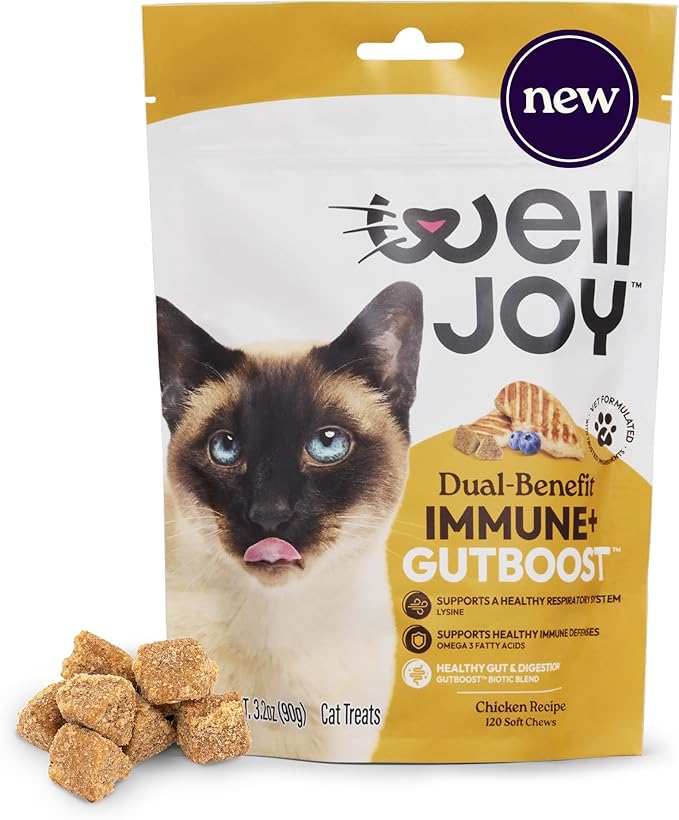 New! WellJoy Cat Treat Immune+ GutBoost | Supports a Healthy Respiratory System & Immune Defenses | Dual-Benefit GutBoost Formulation | Vet Formulated | Made in USA | Real Chicken | 120 Soft Chews