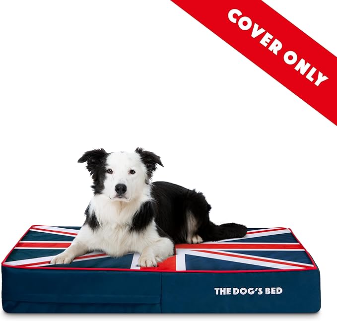 Replacement Outer Cover ONLY (Outer Cover ONLY - NO Bed, NO Waterproof Inner) for The Dog's Bed, Washable Oxford Fabric, Large 6 Inches (Blue with Red Piping UK Flag Embroidery & Centre Flag)