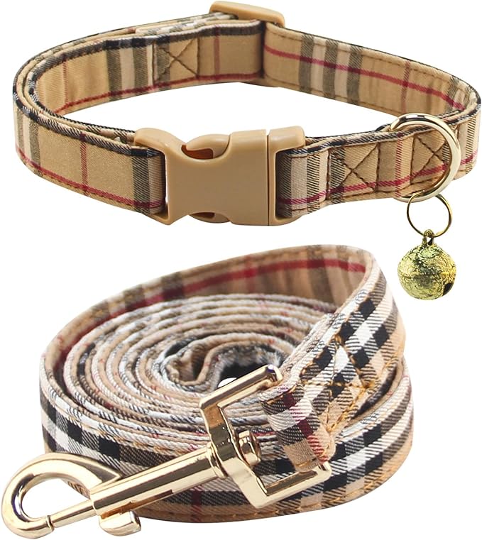 Cute Plaid Dog Collar Harness and Leash with Safety Buckle - Adjustable and No Pull Comfortable Dog Collars for Small Puppy, Stylish Durable Gift for Boy Girl Pets