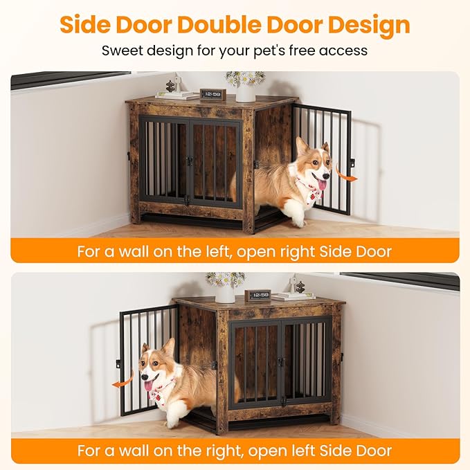 Dog Crate Furniture, 29 Inch Indoor Dog Kennel for Small Dogs Up to 30 LBS, Heavy Duty Wooden Pet Cage End Table with 3 Doors, Alloy Steel Frame & Removable Tray