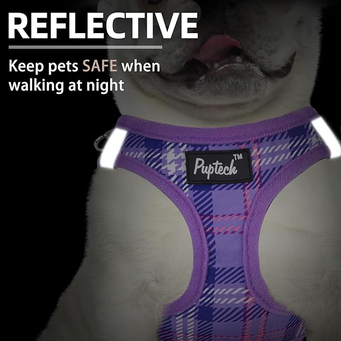 PUPTECK Dog Harness and Leash Set for Small Medium Dogs No Pull Step-in Soft Mesh Puppy Cat Vest Harnesses Reflective at Night, Plaid Pattern Purple M