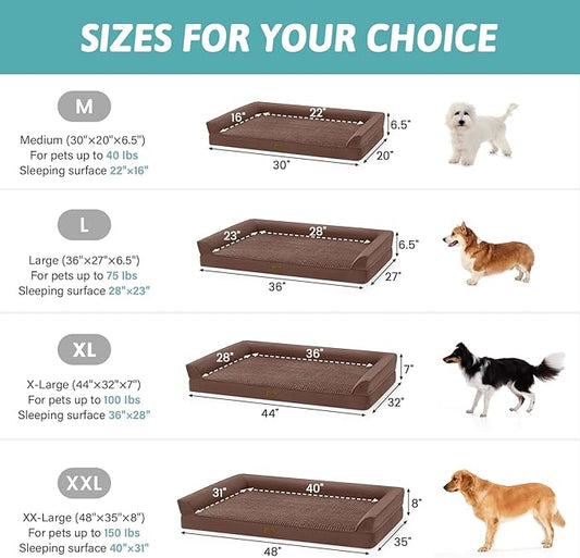 Orthopedic Dog Beds for Large Sized Dog, XL Bolster Pet Couch with Waterproof Lining, Egg Crate Foam Sofa for Pets Up to 100 lbs, U-Shaped, 44x32x7 inch, Brown