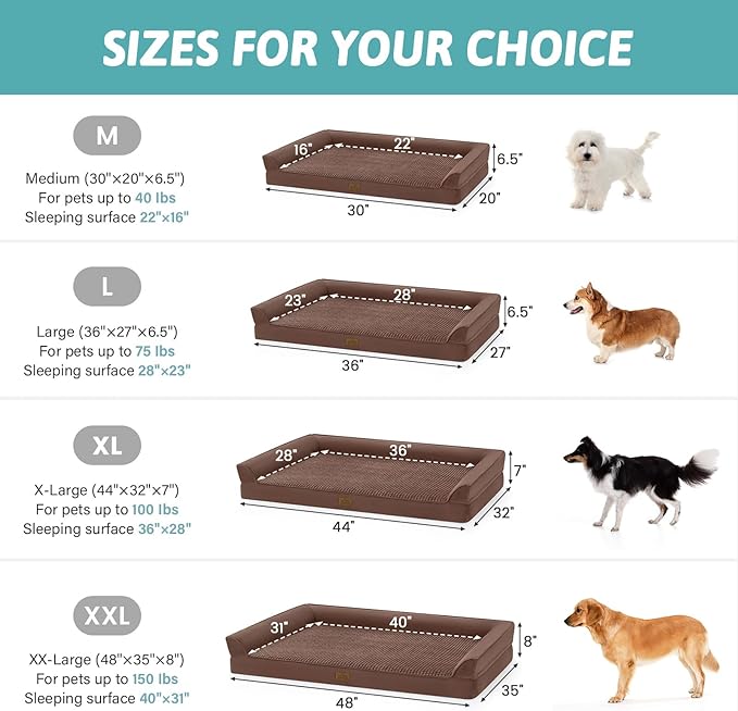 Dog Beds for Extra Large Dog, XXL Bolster Pet Couch with Waterproof Lining, Egg Crate Foam Sofa for Pets Up to 150 lbs, U-Shaped, 48x35x8 inch, Brown