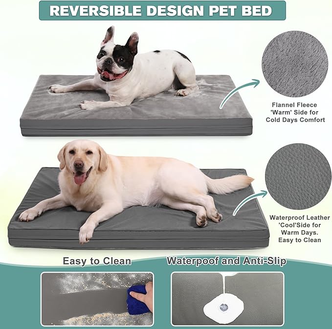Waterproof XXL Dog Beds Large Sized Dog, Outdoor Orthopedic Washable Crate Pad 48 inch, Jumbo XXLarge Foam Pet Bed with Removable Cover Reversible, Durable Anti-Slip Kennel Pad, 47"x29", Gray