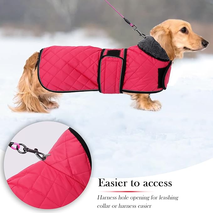 Geyecete Warm Thermal Quilted Dachshund Coat, Dog Winter Coat with Warm Fleece Lining, Outdoor Dog Apparel with Adjustable Bands for Medium, Large Dog-Pink-XS