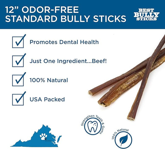 Best Bully Sticks 12 Inch Odor-Free Bully Sticks for Dogs - 24 Count (Pack of 1) - Bulk Bag, Natural Grass-Fed Beef, Easily Digestible, No Grain or Rawhide - Large Breeds