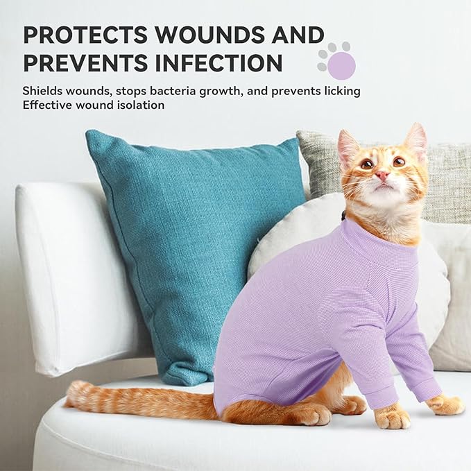 Cat Recovery Suit Male & Female Neuter, Cute Kitten Onesie for Cats After Surgery, Soft Fabric Cat Spay Clothes for Kittens, Kitten Surgical Pajamas for Girls, Cone Alternative Body Suit(Purple, S)