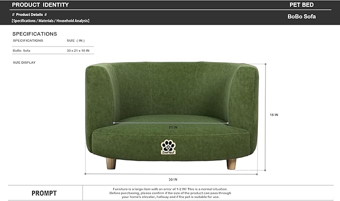 Dog Bed, Large Dog Couch with Washable Cover, Wooden Legs, Elevated Fancy Foam Pet Sofa for Medium & Large Breeds(Green)