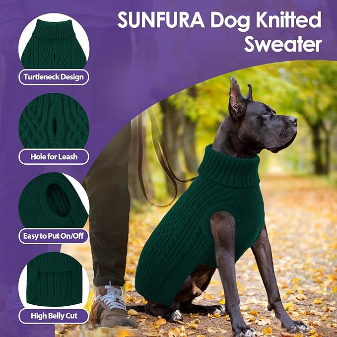 SUNFURA Small Dog Sweater, Christmas Dog Sweaters Fall Winter, Warm Sweaters with Harness Hole, Turtleneck Pullover for Dogs Girls Boys, Puppy Sweatshirt Knitwear Clothes for Dachshund, Green S
