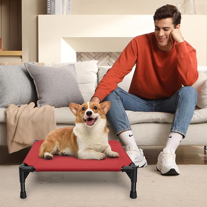 Love&go Elevated Dog Bed with Metal Frame, Cooling Raised Pet Cot for Dog and Cat (S - Red Bed, Small-18.5x18.5x5.5 inch)