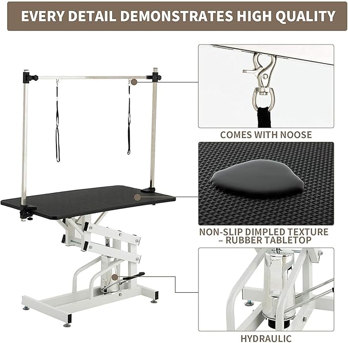 Hydraulic Dog Grooming Table for Small/Large Dogs, Heavy Duty Professional Pet Grooming Table with Adjustable Overhead Arm and Noose, Range 21-36 Inch, 43''/Black