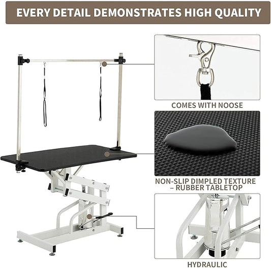 Hydraulic Dog Grooming Table for Small/Large Dogs, Heavy Duty Professional Pet Grooming Table with Adjustable Overhead Arm and Noose, Range 21-36 Inch, 43''/Black