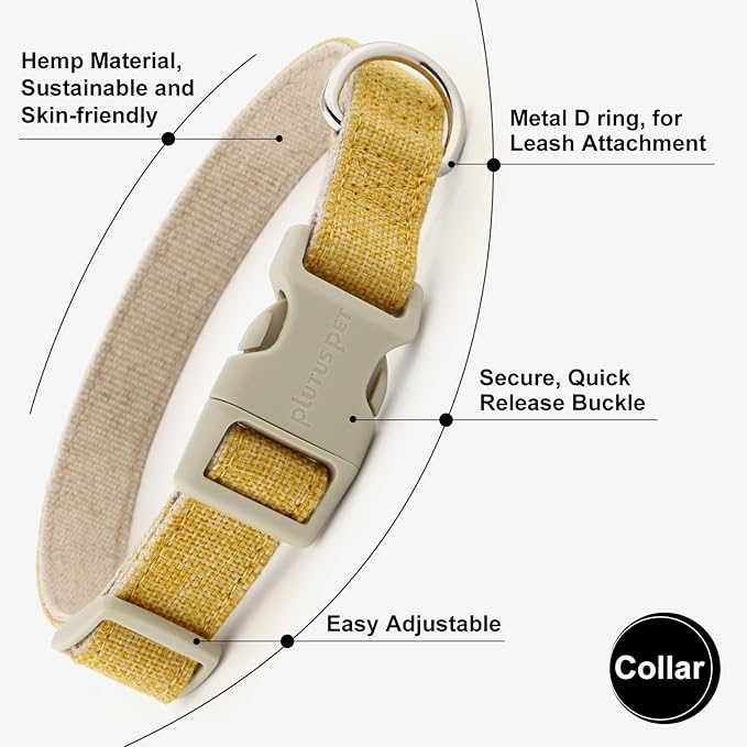 Plutus Pet Cotton Hemp Dog Collar and Leash Set, Adjustable Collar for Small, Medium, and Large Dogs, Heavy Duty and Soft on Skin, Yellow, XL