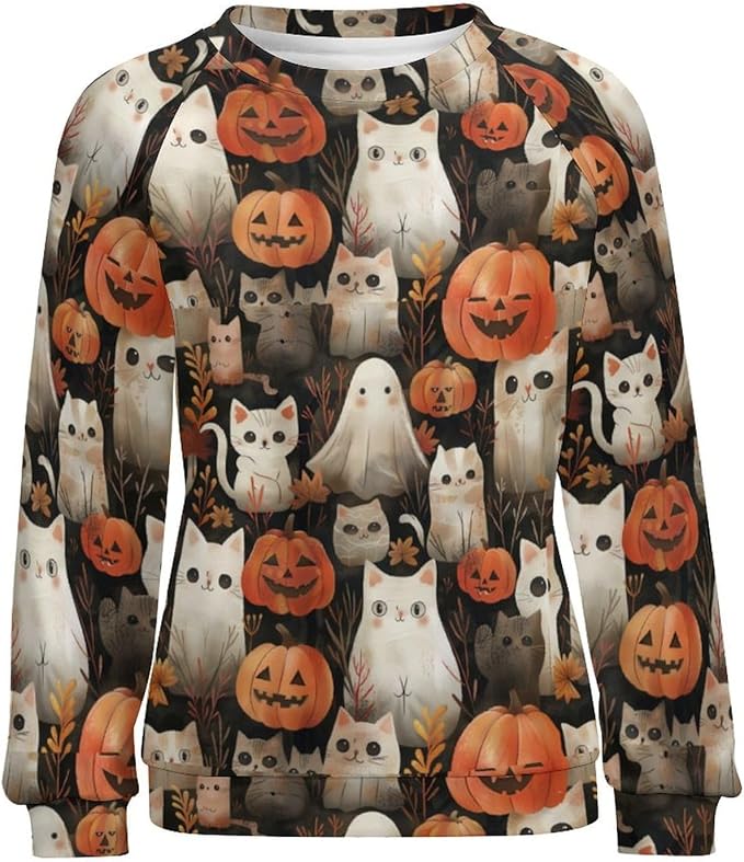 Womens novelty funny cat printed crewneck sweatshirt casual loose long sleeve graphic pullover sweatshirts tops