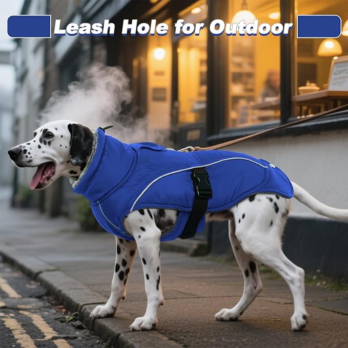 DENTRUN Winter Warm Dog Coat Reflective Jacket with Turtleneck for Cold Weather, Adjustable Buckle Windproof Water Repellent, Thick Snowsuit Fleece Vest for Small, Medium, Large Dogs, Blue, L
