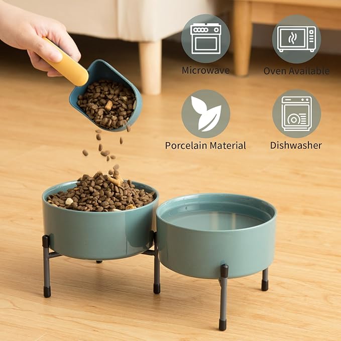 AOMRYOM 32 OZ Dog Bowls with Elevated Metal Stand, 6 Inch Ceramic Cat Bowl Dish for Food and Water, Pet Feeder Bowls for Cats & Dogs - Set of 2, Blue-Grey