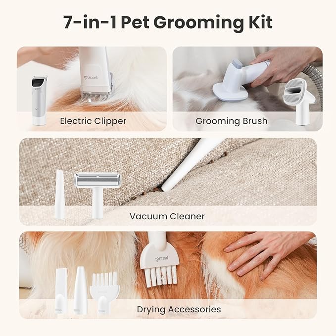 Pecute Dog Grooming Vacuum & Dryer, 7-in-1 Pet Grooming Kit with Clipper, 10000Pa Dog Vacuum for Shedding Grooming, Adjustable Speed & Temp, 55dB Low Noise