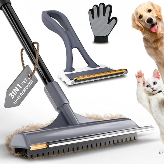Carpet Rake for Pet Hair Removal - 3 in 1 Reusable Pet Hair Remover Tool with 58" Adjustable Long Handle,Dog & Cat Carpet Scraper,Pet Hair Remover for Rugs,Mats,Couch,Curtains(Gray)