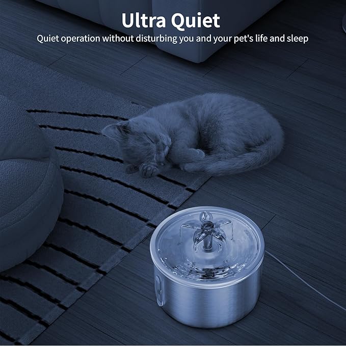 Stainless Steel Cat Water Fountain, 68oz/2.0L Cat Fountain with Flower Waterfall Spout Pet Water Fountain for Cats Indoor, Dog Water Fountain with Sponge