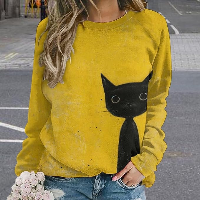 Biacolum Long Sleeve Shirts for Women Mid Century Retro Style Atomic Cat 3D Graphic Sweatshirts Fall Crewneck Pullover Top