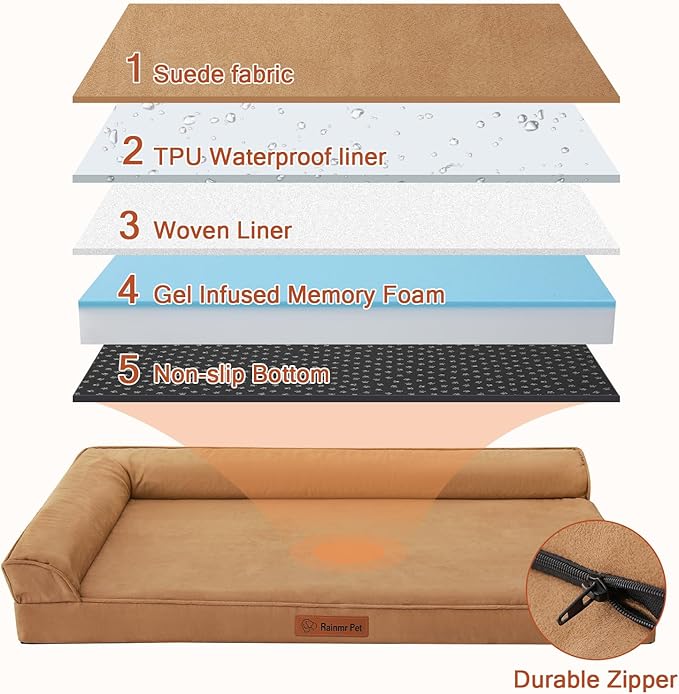 Orthopedic Memory Foam Dog Bed, Removable Washable Microsuede Cover, TPU Waterproof Liner, Nonskid Bottom, for Indoor, Outdoor, Crate ＆ Car Use, 30x20x6 Inches, Khaki
