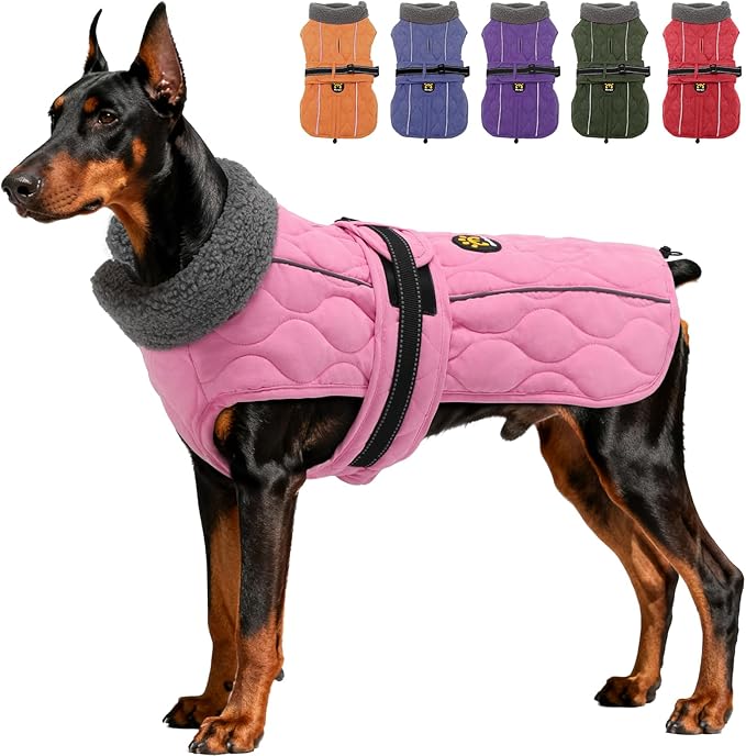 Dog Coat Winter, Waterproof Quilted Dog Jacket for Cold Weather, Reflective Adjustable Puppy Winter Coat, Warm Turtle-Neck Pet Fleece Snow Jacket for XX-Large Dogs, NewPink XXL